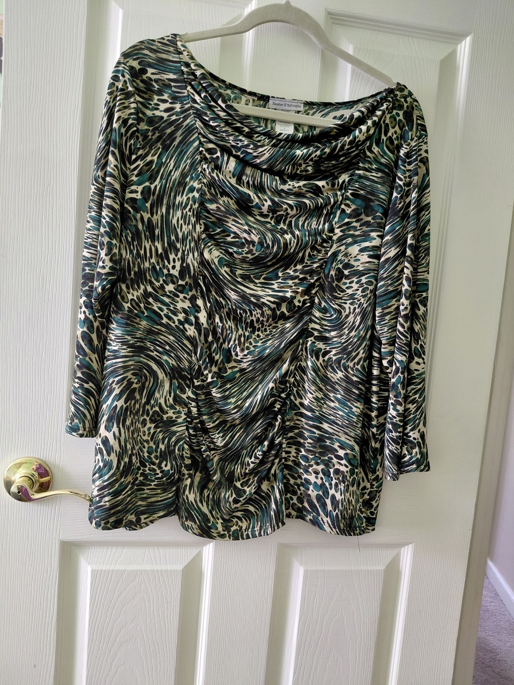 Teal, Black & Cream Draped Cowl-Neck Long Sleeve Top
